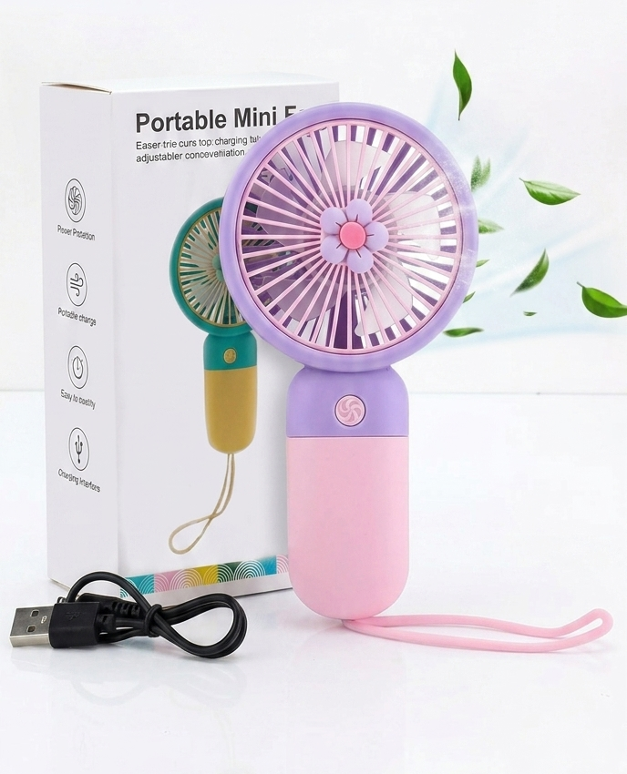 Mini Handheld Flower Fan, USB Rechargeable, 400mAh Battery, 40 Minutes Runtime, Compact Portable Design, Mint bule and Pink